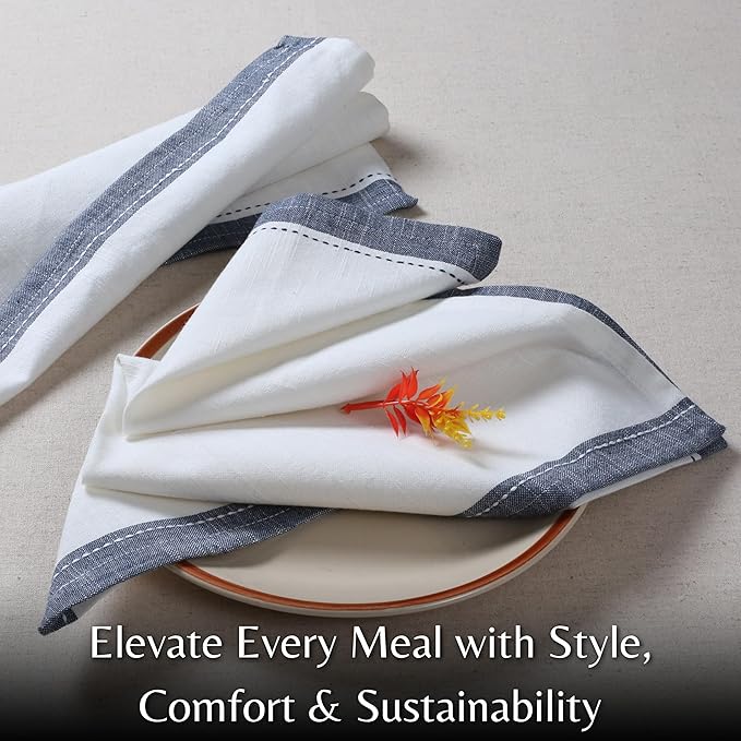 Palisa Cotton Cloth Dinner Napkins Set of 12 Contrast Boarder Napkin for Dinning Table Linen Decor Everyday Party Use Wedding Reception Farmhouse 18x18 Inch – White