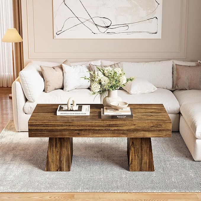 LITTLE TREE Farmhouse Coffee Table, 47 Inches Living Room Table, Rectangular Wooden Accent Center Tables with Thick Base, Modern Low Cocktail Tea Furniture for Living Room (Walnut Brown)