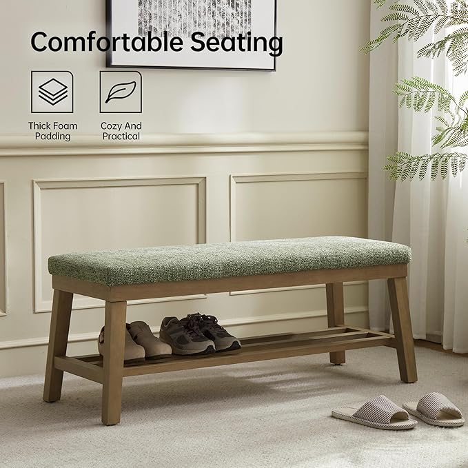 VKNOW Entryway Bench, 44.4" Upholstered Shoe Storage Bench for Entryway & Bedroom, Shoe Bench with Rubberwood Legs, Modern End of Bed Storage Bench for Living Room and Hallway, Green