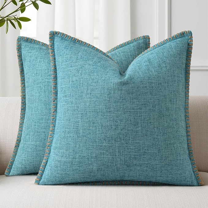 decorUhome Summer Decorative Throw Pillow Covers 24x24 Set of 2 Square Faux Linen Farmhouse Euro Sham Pillow Covers with Stitched Edge Outdoor Pillow Covers for Couch Sofa Living Room, Teal