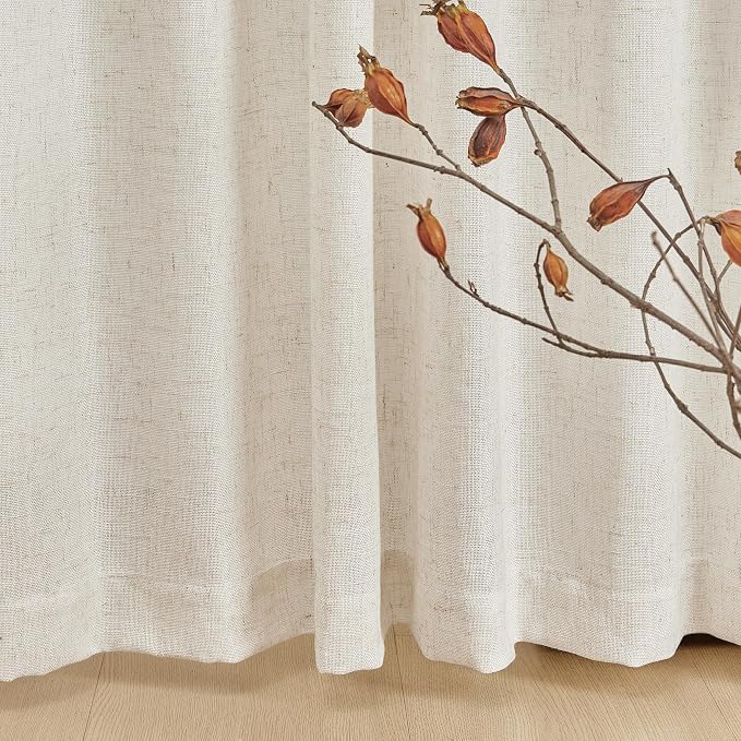 MYSKY HOME Farmhouse Kitchen Curtains 54 inches Long, Boho Curtain Panels Farmhouse Style Flax Linen Polyester Blend Texture for Home Decor, Light Soften Privacy Drapes, Linen, Pack-2