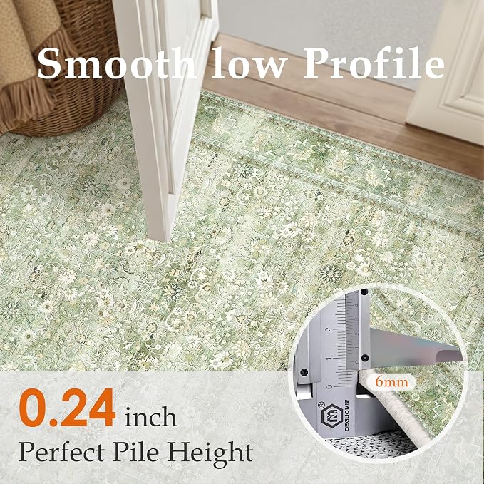 HUGEAR 6x9 Machine Washable Rugs Light Green Hallway Large Area Rug Indoor Accent Rug Floral Low Pile Carpet Soft Throw Aesthetic Rug Bedroom Living Room Office Dining Room Kitchen Laundry Room