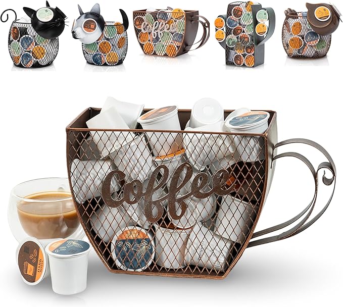 Made Easy Kit Coffee Pod Basket Organizer Practical Decoration - Compatible with Keurig K-Cup Pods & Capsules - Home Cafe Bar Decor Useful Kitchen Countertop Freestanding (Mountable Mug Vintage)