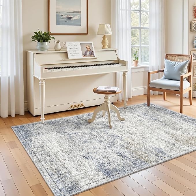 4x6 Area Rugs for Living Room, Non-Slip Backing Small Kids Rugs for Bedroom, Vintage Floral Rug Home Decor, Low Pile Soft Washable Rug for Kitchen, Dining Room (4'x6',Blue/Brown/Ivory)