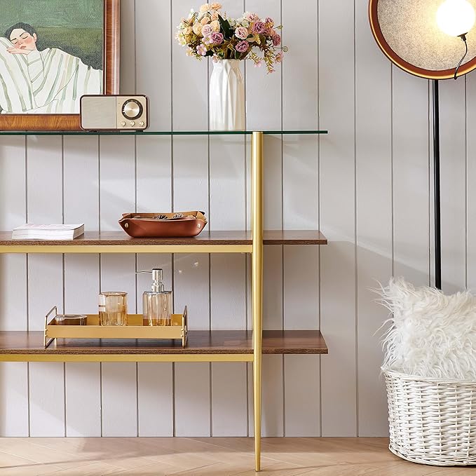 LumFurn Glass Console Table for Living Room, Foyer & Entrance, H41 x W14 x H31inch, 3-Tier Mid-Century Modern Sofa Table with Clear Glass Top, Walnut Finish Wood Shelf and Gold Finish Frame