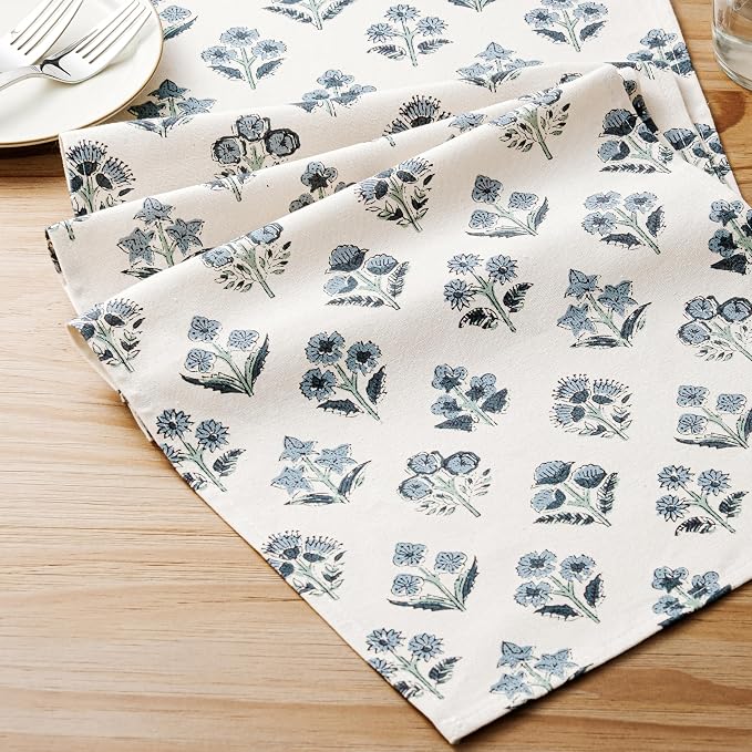 100% Cotton Block Print Floral Table Runners, 13x90 Inch Dusty Blue Farmhouse Table Runners 90 Inches Long Boho Flowers Home Decors
