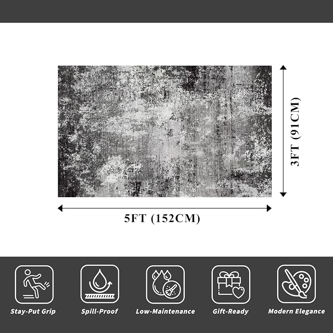 3x5 Washable Entryway Rug – Non-Slip Rubber Backed Small Area Rug for Kitchen, Bedroom, Living Room, Office – Soft Low-Pile Thin Modern Abstract Neutral Throw Rug （Black Grey,3x5）