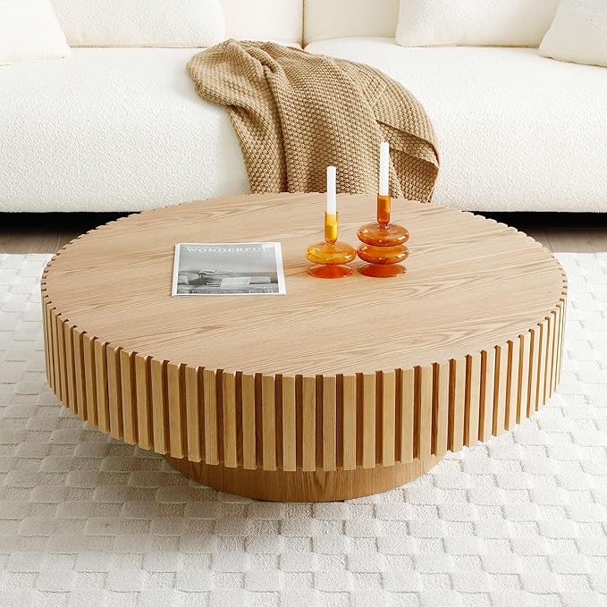 35.43" Circle Coffee Table for Living Room, Modern Round Center Tea Tables Drum Accent Couch End Table for Apartment Office,Minimalist Design with Fluted Side, (ø35.43" x 13.77"H, Oak)