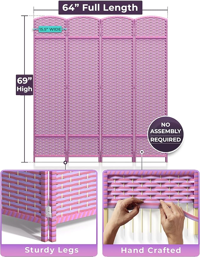 Sorbus 4 Panel Room Divider 6 ft. Tall - Privacy Screen, Extra Wide Double Hinged Panels, Mesh Hand-Woven Design, Partition Room Dividers and Folding Privacy Screens, Wall Divider for Room Separation