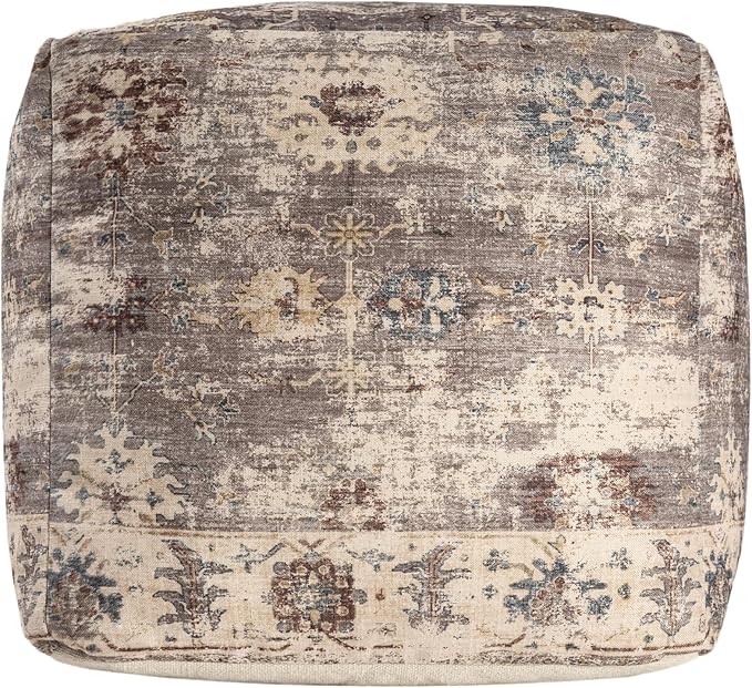 L. R. Resources, Inc. LR Home Vintage Floral Square Indoor Medium Pouf Ottoman, Taupe | Power-Loomed Polyester Foot Rest for Bedroom & Living Room Decor | 18 x 18 x 18 Filled Pouf for Seating