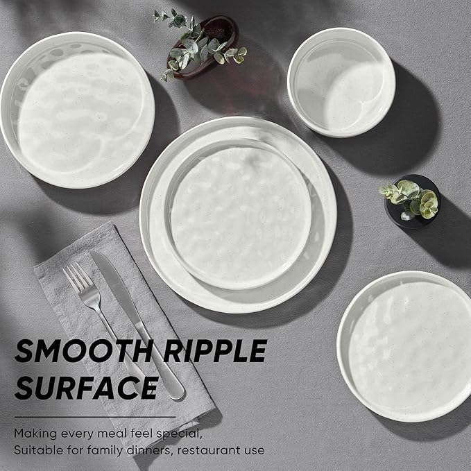 E-far 24-Piece Plates and Bowls Sets with Pasta Bowls - Stoneware Dinnerware Set for 6, Modern Ribbed Speckled White Dishes, Microwave & Dishwasher Safe