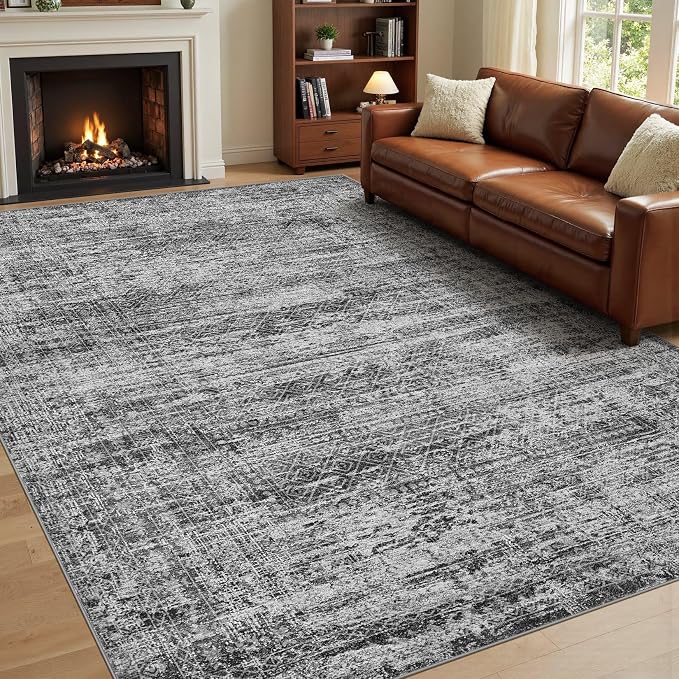 UERMEI 8x10 Area Rug Living Room Rugs - Washable Neutral Modern Abstract Soft Thin Rug Indoor Floor No Slip Rug Carpet for Bedroom Under Dining Table Home Office Decor - Dark Gray