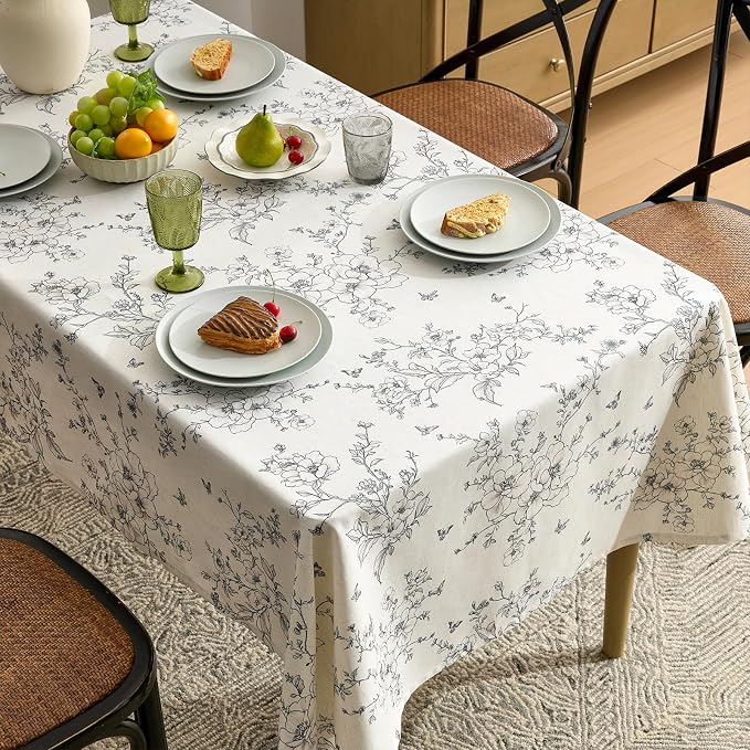 Linen Floral Tablecloths Rectangular Farmhouse Vintage French Rustic Tablecloth Black Flowers Pattern Burlap Textured Outdoor Table Cover for Picnic,Dining,Party,Home Decor 55x120 Inch
