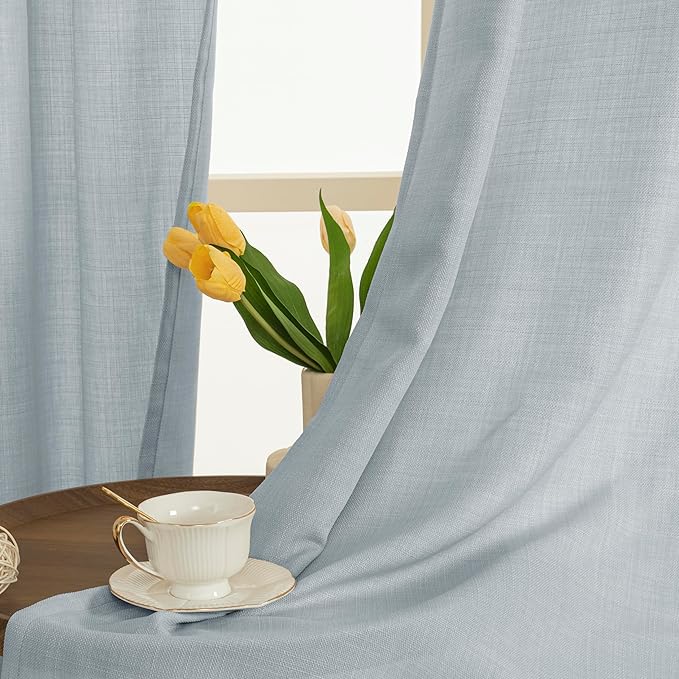 LAMIT Faux Linen Curtains for Bedroom, Light Filtering Panels, Grommet Privacy Protected Linen Sheer Curtains for Small Window/Kids' Room, Set of 2 Panels (52 x 45 Inch, Haze Blue)