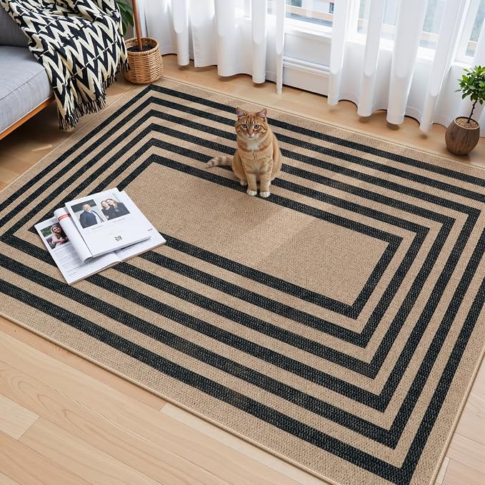 Lahome Enfys Modern Geometric Easy Jute Entryway Rug, 4x6 Black Washable Carpet for Bedroom Contemporary Thin Living Room Patio Rug, Farmhouse Non Slip Indoor Outdoor Carpet for Dining Room Backyard