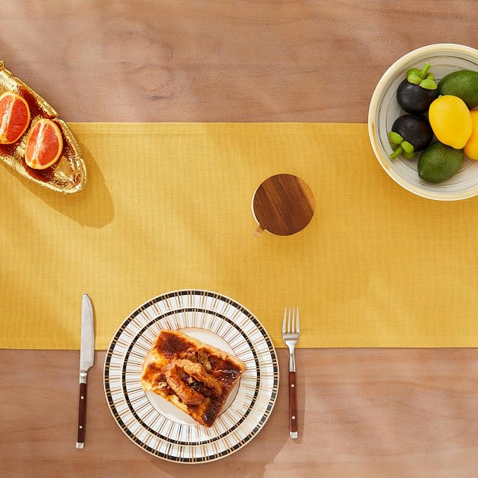 ZeeMart Rustic Cotton Linen Table Runner, 13x48 Inches Yellow, Farmhouse Style Yellow Table Runners 48 Inches Long, Washable Kitchen Dining Table Decoration for Home Party Decor