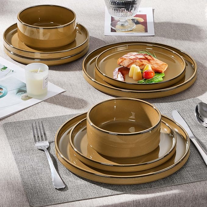 Herogo 24 Pieces Stoneware Dinnerware Set for 8, Ceramic Dinner Dishware Sets for Home Kitchen, Plates and Bowls with Rustic Terracotta Bottom, Dishwasher & Microwave Safe, Earthen Brown