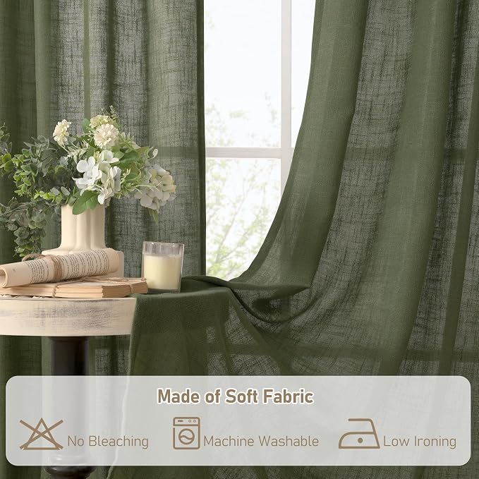 LAMIT Long Linen Curtains 2 Panels Set for Living Room, 108 inches Long Light Filtering Bronze Grommet Window Textured Neutral Sheer Drapes for Bedroom French Door, 52 x 108 Inch, Olive Green