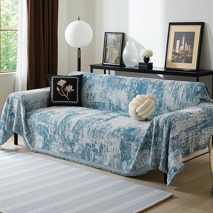 MEETSKY Boho Couch Cover for 2 Cushion Couch Sofa, Chenille Sofa Cover for Sectional Sofa, Modern Khaki Abstract Jacquard Sofa Covers Washable Sofa Slipcover for Pets Friendly, 91" X118",Blue