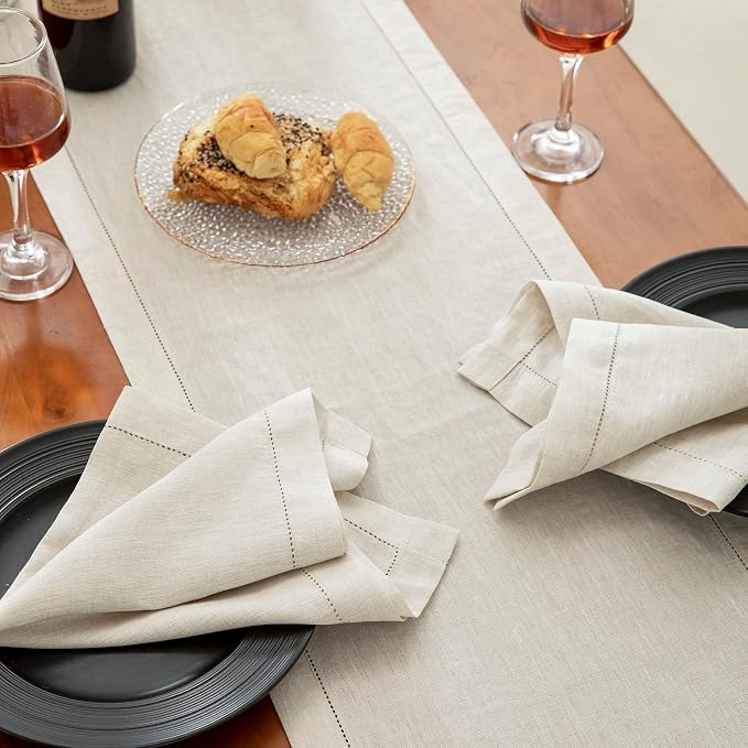 EVERLY Pure Linen Hemstitch Tablecloth,100% Stonewashed French Linen tablecloths for Kitchen Dining Rectangle Tables,60x84Inch Machine Washable Christmas Thanksgiving Organic Tablecloth-Natural Linen