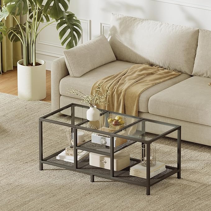 JARHETUN Glass Coffee Table, Coffee Tables for Living Room, Small Center Table, Modern Coffee Table with Open Storge&Metal Frame, Rectangular Coffee Tables for Small Space, Home Office, Black
