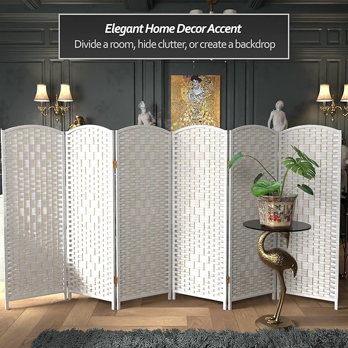 Red Lantern 4 ft. Short Diamond Weave Fiber Folding Screen - White - 6 Panel