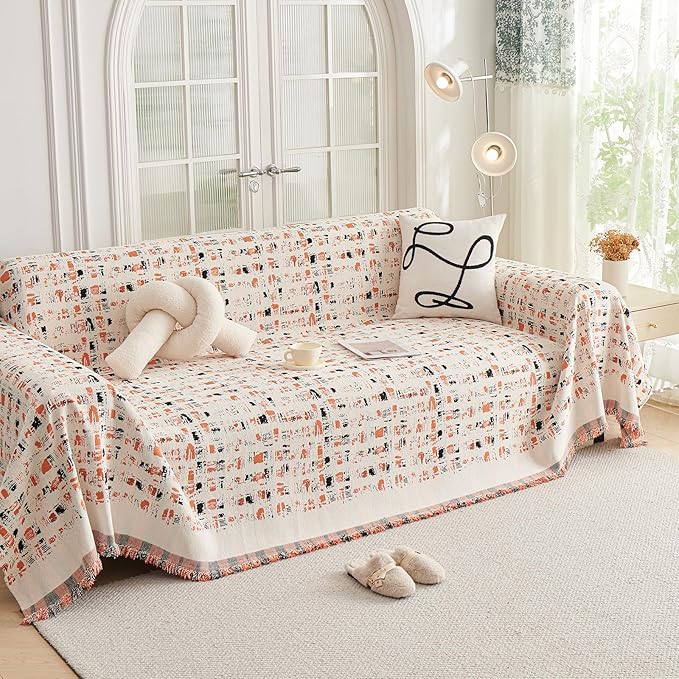DREAMINGO Abstract Chenille Couch Cover Blanket Beige Orange Black Boho Sofa Cover, Washable Furniture Protector, Universal Slipcover for Couch, Geometric Brushstroke Jacquard, X-Large 71"x134"