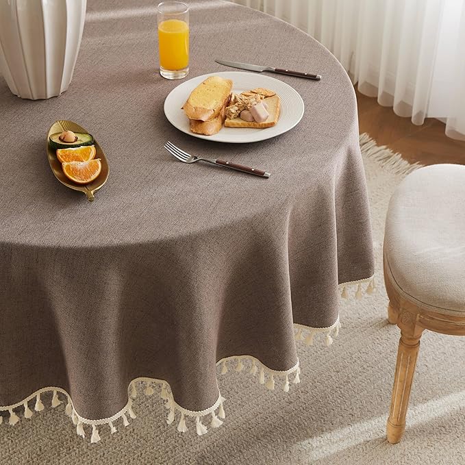 Linen Tablecloth with Tassels, Farmhouse Style Brown Tablecloth, Water Resistant Burlap Tablecloths for Round Table, 52Inch Round Cocoa Brown