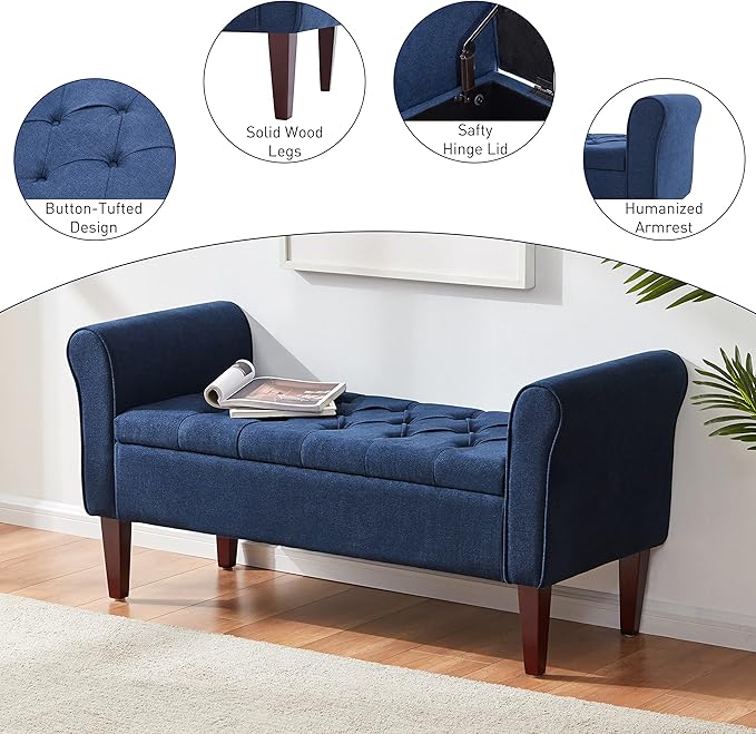 HUIMO 48" Arm Storage Ottoman with 7.5-inch Solid Wood Legs, Storage Bench, Upholstered Window Sitting Bench for Bedroom,End of Bed Bench Indoor, Livingroom, Entryway (Dark Blue)
