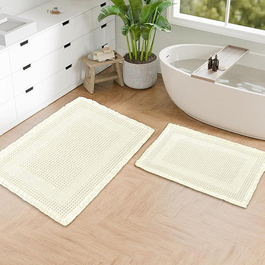 Hiasan Set of 2 Waffle Bath Mat, Super Absorbent Non Slip Bathroom Boho Rug with Tassels, Machine Washable Bath Mats for Bathroom, Ultra Soft Rubber Backed Rug, Loop-White, 16" x 24" + 20" x 32"