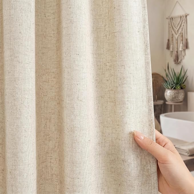 Seasonwood Extra Long Linen Shower Curtain Neutral Farmhouse Linen Shower Curtains for Bathroom Boho Bathroom Decor with 12 Sturdy Stainless Steel Sliding Hangers(Beige,72x84 Inches)
