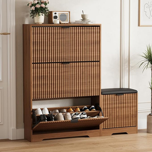 HUANLEGO Shoe Cabinet Storage for Entryway with 4 Flip Drawers, Walnut Fluted Shoe Cabinet with Bench, Wooden Hidden Shoe Rack Freestanding Narrow Slim Shoes Storage Organizer for Hallway, Entrance