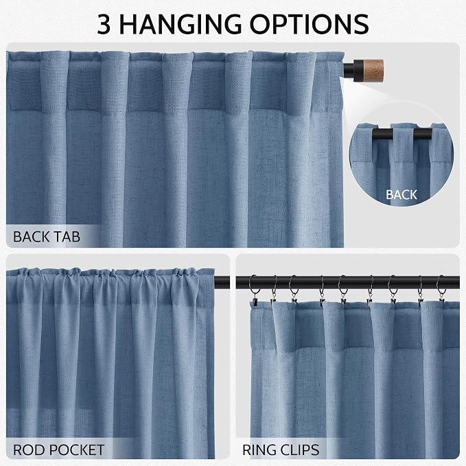 Nanspring Stone Blue Linen Curtains 84 Inches Long for Living Room Back Tab Luxury Light Filtering Privacy Semi Sheer Curtain Modern Farmhouse Boho Drapes for Bedroom Office 2 Panels Set 52x84