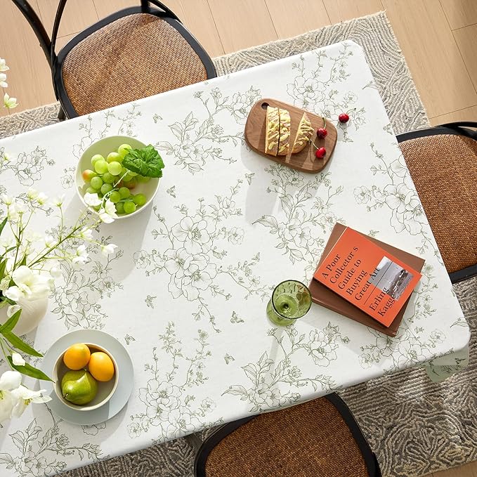 Linen Floral Rectangle Tablecloth Farmhouse Vintage French Rustic Tablecloths Green Flowers Pattern Burlap Textured Outdoor Table Cover for Picnic,Dining,Party,Home Decor 55x120 Inch