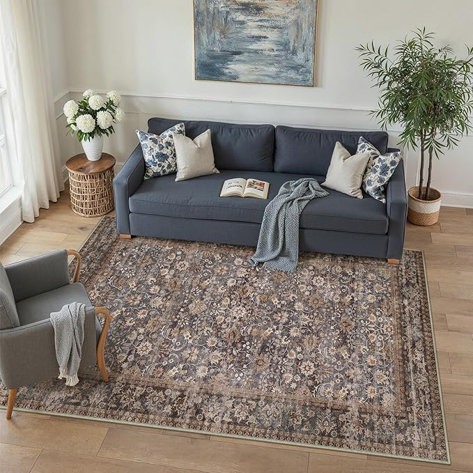 HUGEAR 4x6 Machine Washable Rugs Tradition Brown Hallway Area Rug Indoor Accent Rug Floral Low Pile Carpet Soft Throw Rug Bedroom Living Room Office Dining Room Kitchen Laundry Room Non Slip