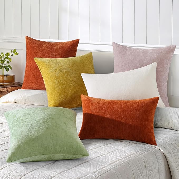 decorUhome Chenille Mineral Yellow Throw Pillow Covers 12x20 Inch Set of 2, Decorative Soft Couch Pillow Covers Solid Dyed Accent Farmhouse Neutral Rectangle Pillow Cases for Sofa