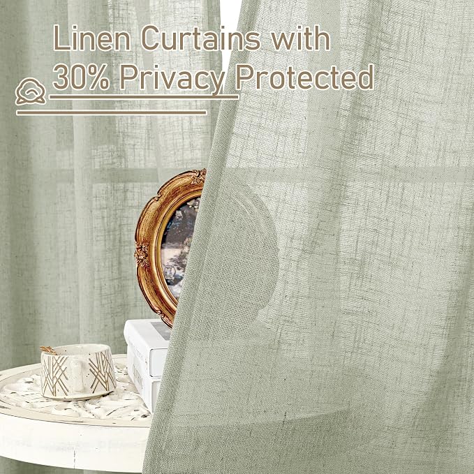 LAMIT Sage Grey Linen Curtains 45 inches Long for Bedroom, Soft Linen Textured Light Filtering Semi Sheer Panels with Bronze Grommet for Living Room, 2 Panels Set, 52 x 45 Inch