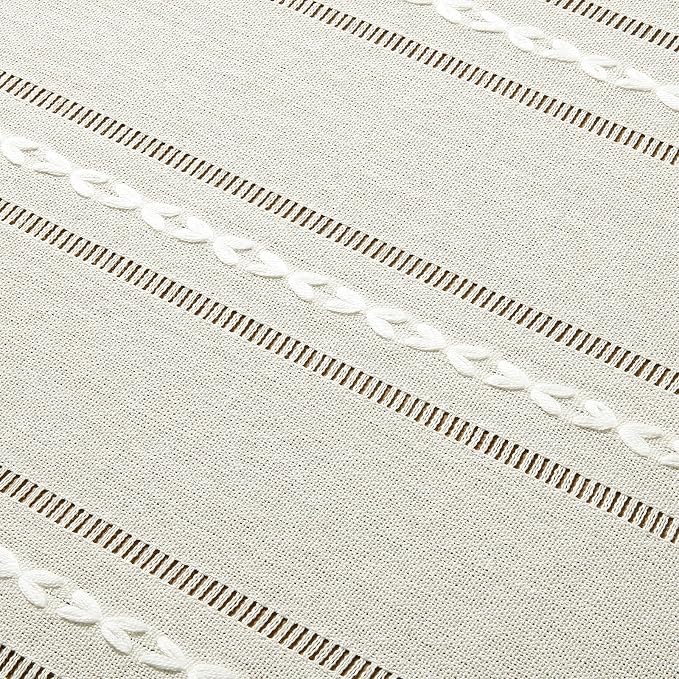 ZeeMart Hemstitched Embroidery Striped Boho Tablecloth 54x54 Inch Ivory, Heavy Weight Farmhouse Burlap Linen Off White Tablecloth, Wrinkle Resistant Washable Table Cloth for Square Table