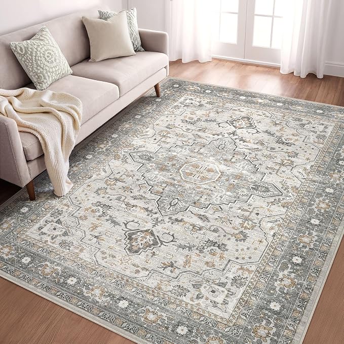 5x8 Area Rugs Living Room: Washable Boho Large Neutral Vintage Soft Rug Stain Resistant Distressed Farmhouse Non-Slip Indoor Floor Carpet for Bedroom Nursery Kids Office Dining Room- Taupe
