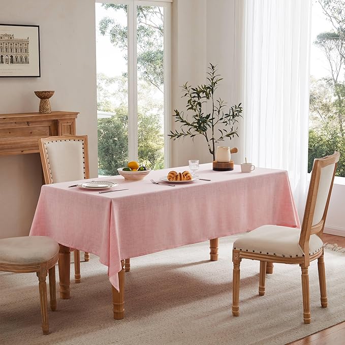 Linen Tablecloth for Rectangle Table, 60x84 Inch Pink, Farmhouse Style Pink Tablecloth, Water Resistant Burlap Tablecloths for Dining Table Farmhouse Kitchen