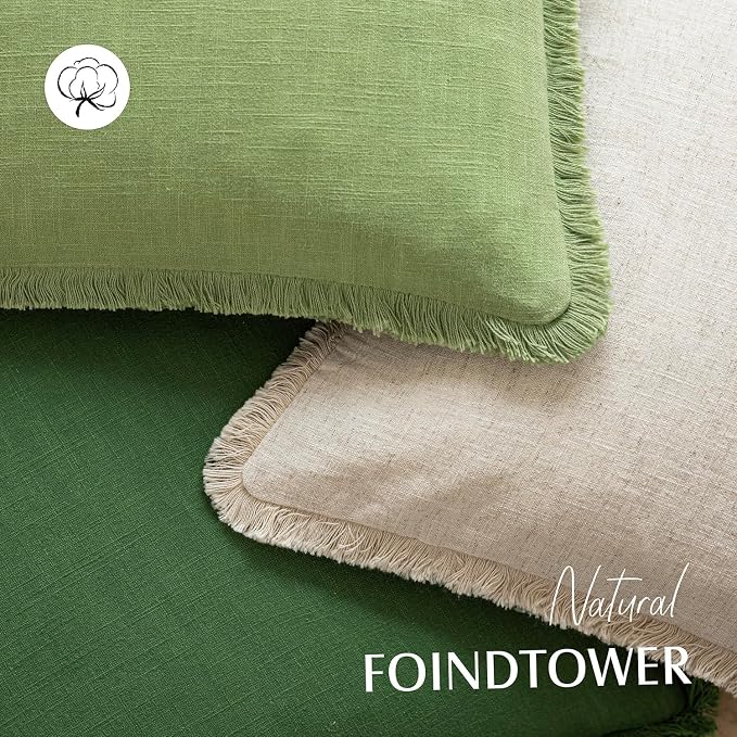 Foindtower Set of 2 Decorative Linen Fringe Throw Pillow Covers Cozy Boho Farmhouse Cushion Cover with Tassels Soft Accent Pillowcase for Couch Sofa Bed Living Room Home Decor,24×24 Inch,Lime Green