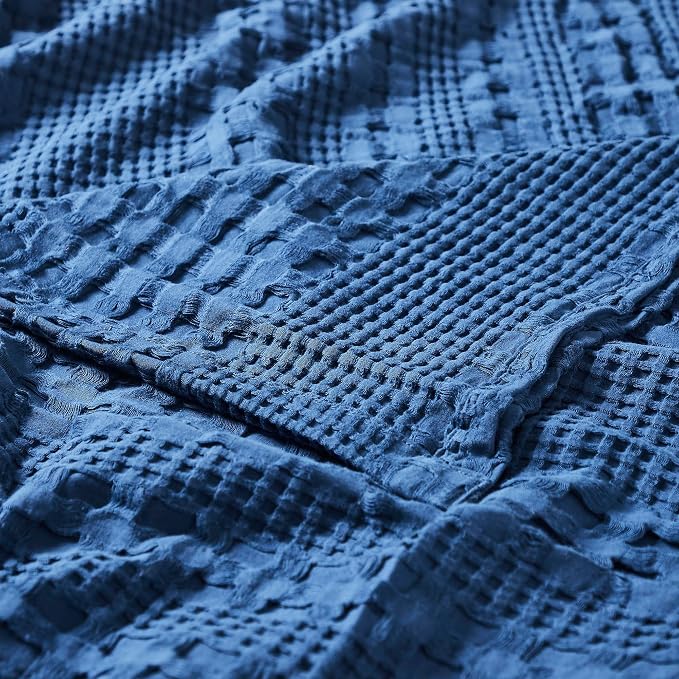 VHC Brands 100% Cotton Waffle Weave Navy Blue Oversized King Size Blanket 120x120, Decorative Cotton Throw Blanket, Boho Farmhouse Bedroom Decor for Bed, Couch, or Sofa