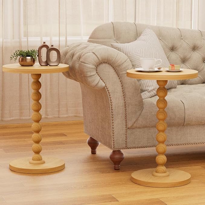 Round Side Table, Drink Table for Small Spaces, Modern Accent Nightstand with Rubberwood Leg for Living Room, Bedroom, Corners, and Office (2, Dark Natural)