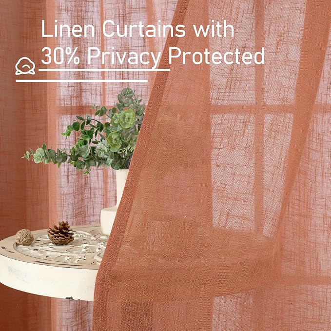 LAMIT Terracotta Linen Curtains 72 Inches Long for Living Room, Light Filtering Semi Sheer Panels Bronze Grommet Rustic Boho Fall Decor Window Drapes for Bedroom/Farmhouse, 2 Panels, 34 x 72 Inch