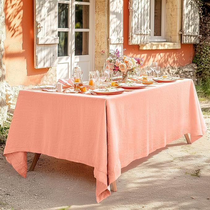 Linen World Linen Tablecloth,100% French Natural Flax Tablecloth 132" x 90" Inch,Washable Rectangular Table Cloth for Dining,Outdoor,Weddings and Restaurants,Decorative Christmas,Peach Pink