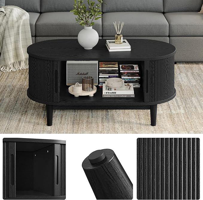 LINSY HOME Round Coffee Table, 31.5" Drum Coffee Table with Sliding Tambour Door, Fluted Accent Center Table with Storage, Mid Century Modern Coffee Table for Living Room (Oval Black)