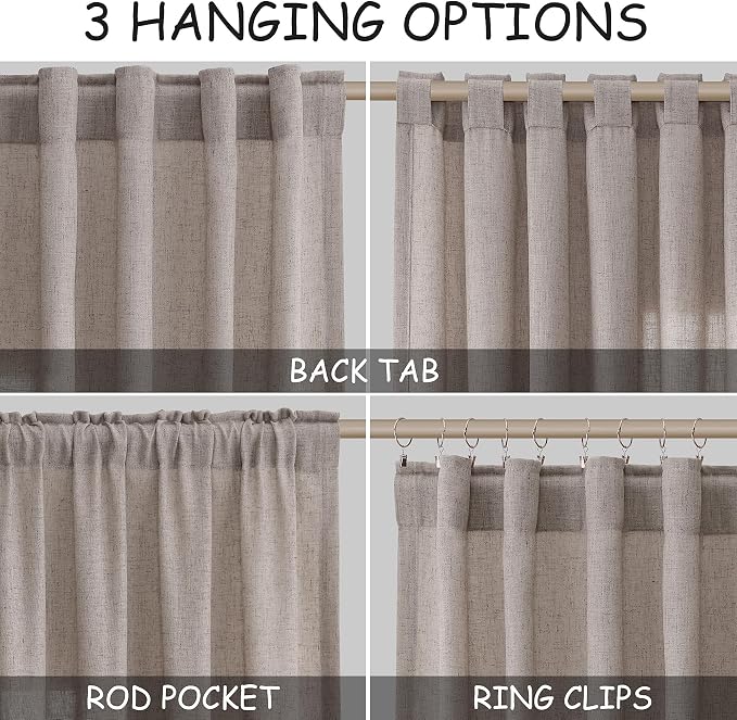Extra Long Brownish Grey Curtain 108 Inches Long 2 Panels Set Back Tab Linen Drapes for Living Room Neutral Farmhouse Light Filtering Semi Sheer Linen Curtains 108 Inch Length for Large Window 9 FT