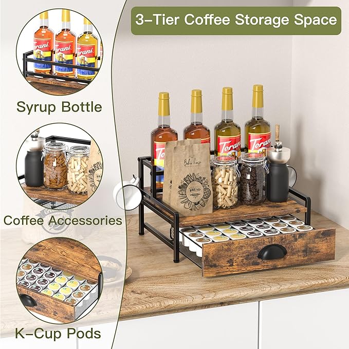 Coffee Syrup Rack Organizer, 2 Tier Countertop Storage Shelves with 35 K Cup Drawer, 8 Syrup Bottle Stand Holder for Wine, Kitchen Coffee Station Organizer Rack, Rustic Brown