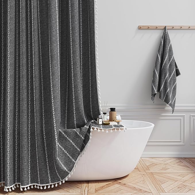BTTN Stall Fabric Shower Curtain - 54x78 Boho Striped Linen Heavy Duty Tassel Shower Curtain Set with 10 Hook, Narrow Rustic Modern Farmhouse Bohemian Cloth Shower Curtain for Bathroom - Charcoal Grey