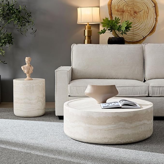 WILLIAMSPACE 39.37'' Round Coffee Table in Faux Marble, Modern Circle Fiberglass Drum Stone Center Table Side Table Tea Table for Living Room, No Need Assembly (Mars Pattern)